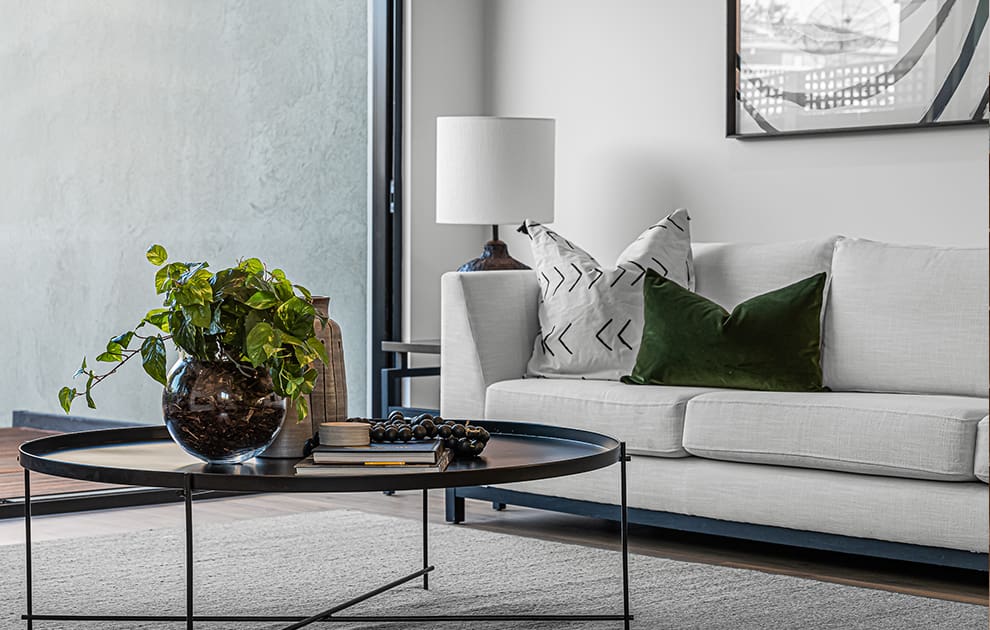 Living area with grey and black furnishings